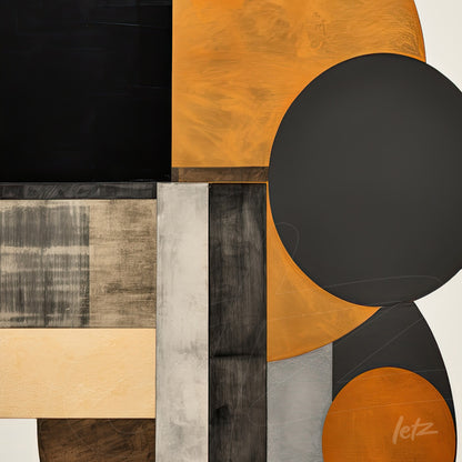 abstract art featuring geometric shapes in black, orange, and shades of gray, blending matte and glossy textures