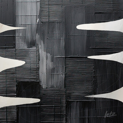 abstract wall art in black and gray tones featuring flowing white shapes