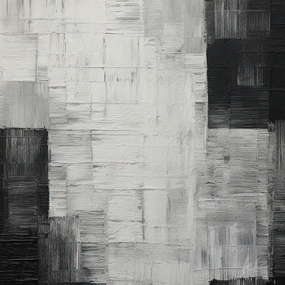 abstract wall art in shades of black, white, and gray showcasing rich texture and rectangular shapes