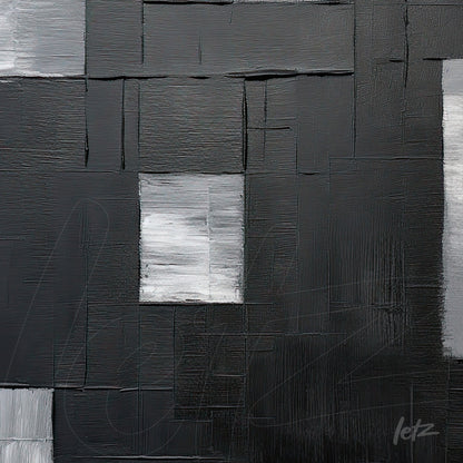abstract artwork in shades of black and gray featuring varied textures