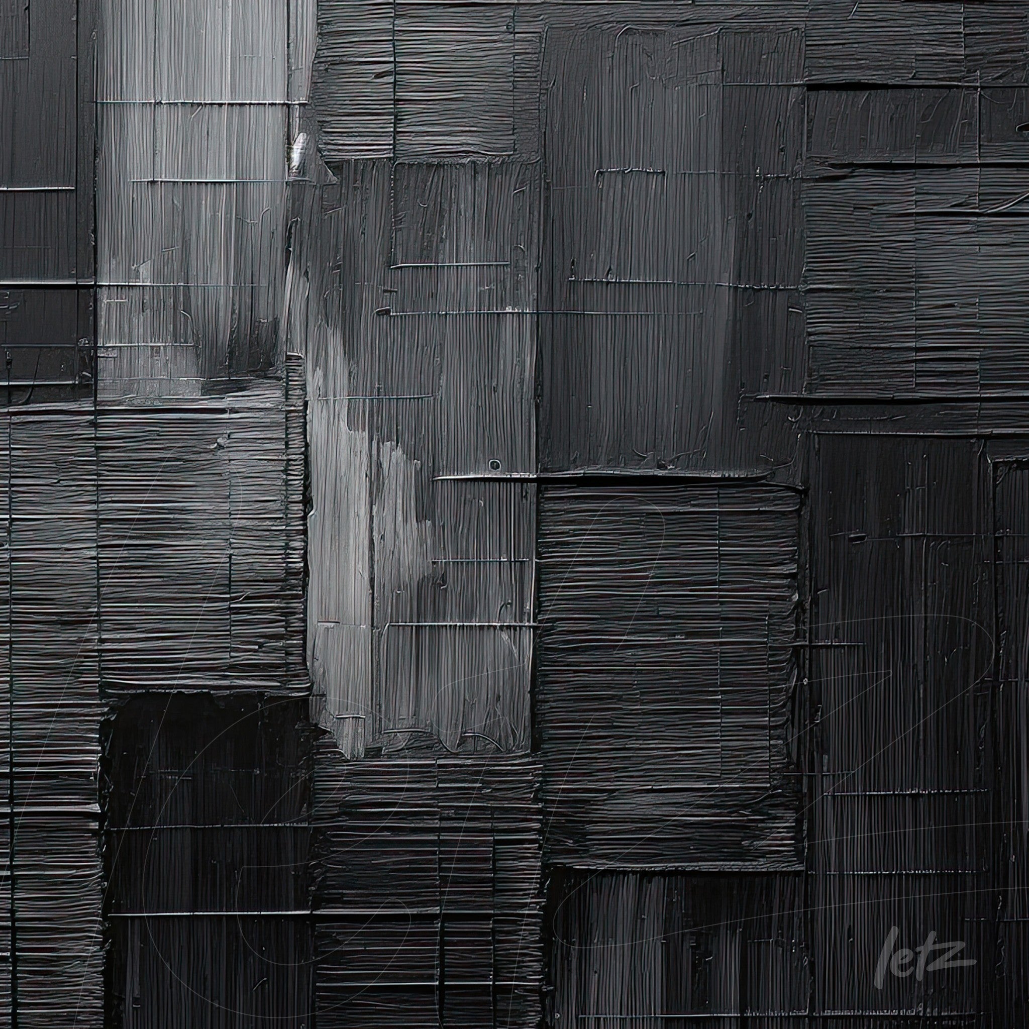 abstract art in black tones featuring textured layers and various patterns