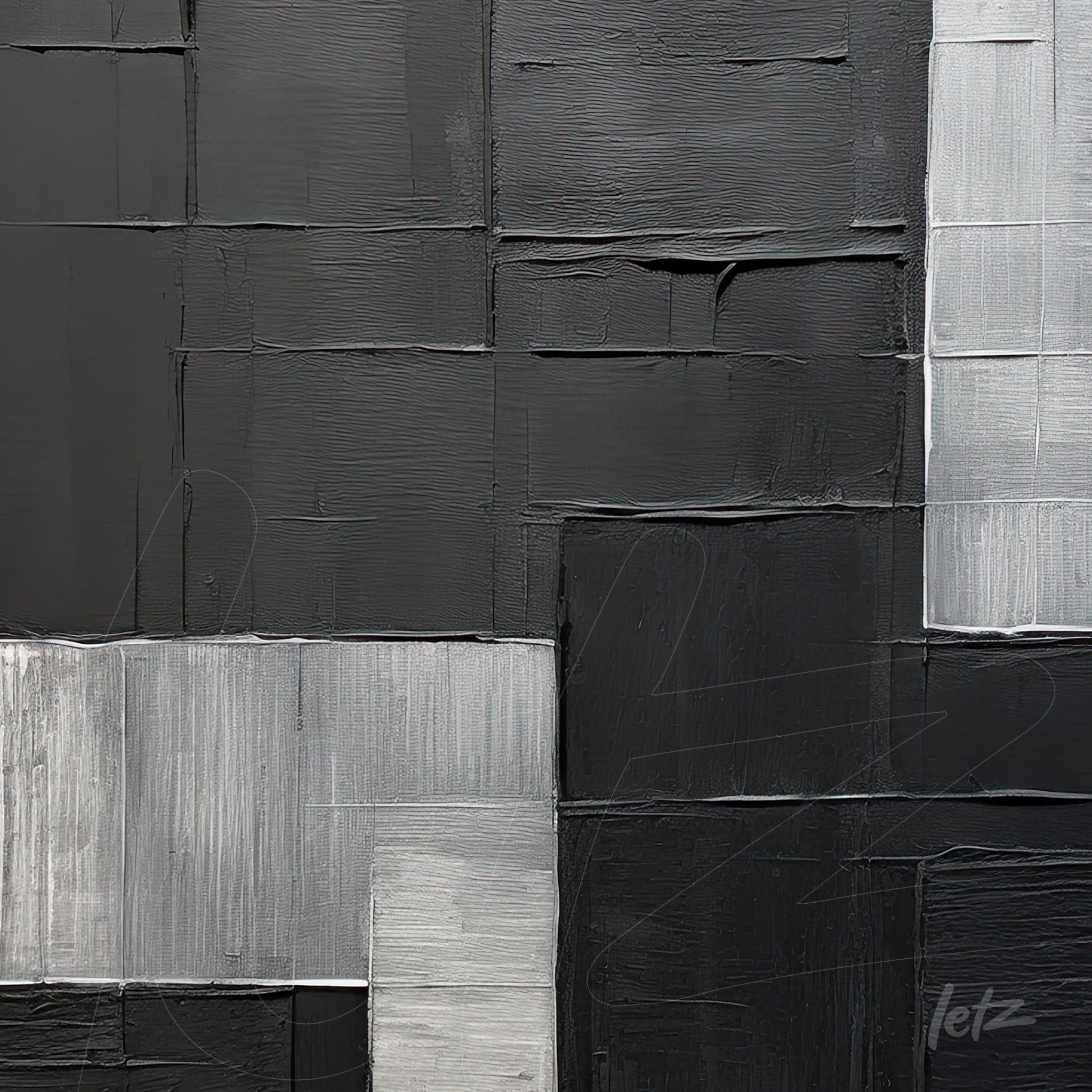 abstract wall art in black and gray tones featuring distinct textures and geometric shapes