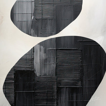 abstract artwork in black and white featuring textured brush strokes on a light background