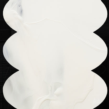 abstract wall art in shades of white and gray on black background with fluid texture