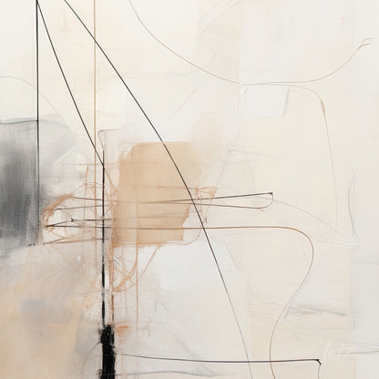 abstract art featuring thin lines and organic shapes in neutral tones on a light background