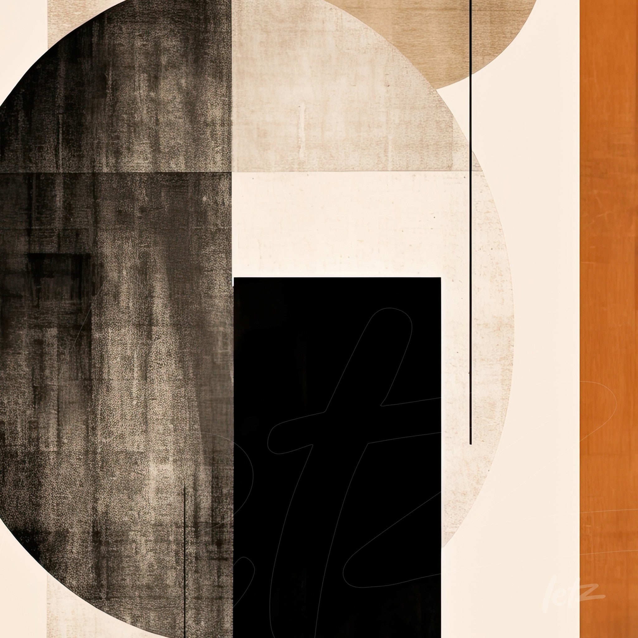 abstract art with geometric fields in black, white, and orange tones on a light background