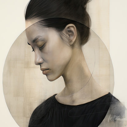 digital art of a female portrait in contemporary style featuring a textured neutral background and subtle lines