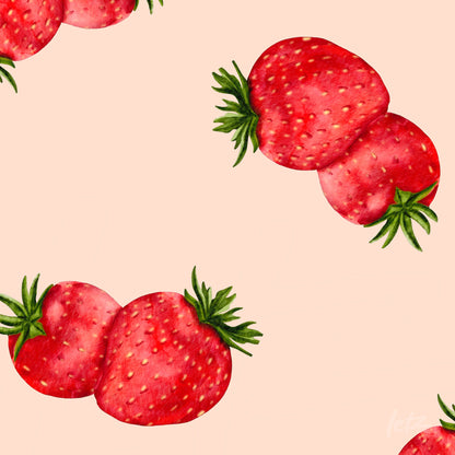 wall art featuring red strawberries illustration on soft pastel background