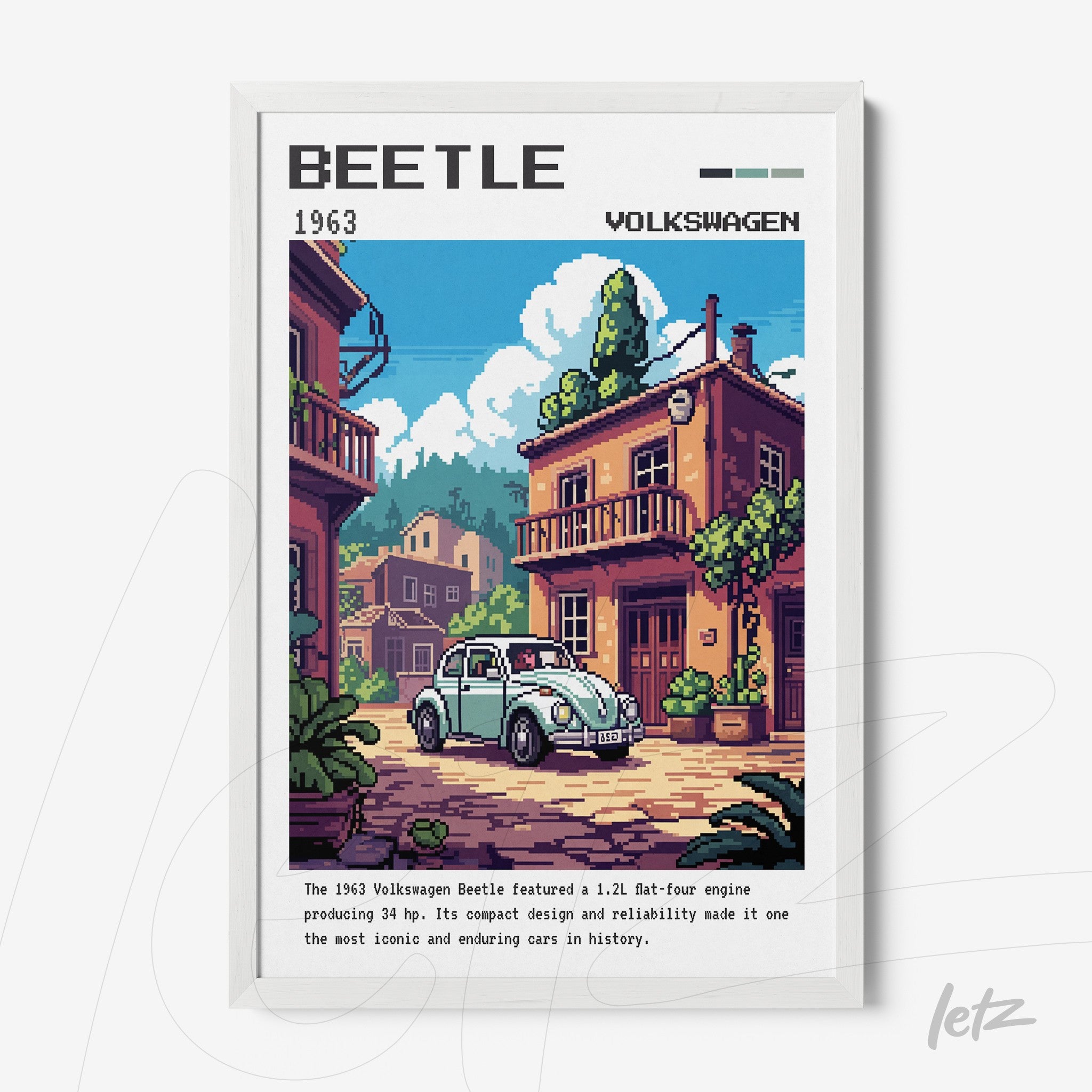 framed digital art of a 1963 Volkswagen Beetle car in a cinematic street scene with white frame