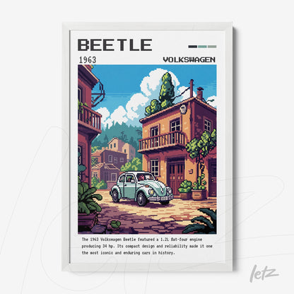 framed digital art of a 1963 Volkswagen Beetle car in a cinematic street scene with white frame