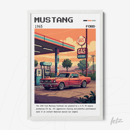 pixel art print of a 1965 Ford Mustang at a gas station in a white frame