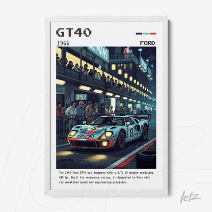 digital artwork of the 1966 Ford GT40 racing car in a white frame