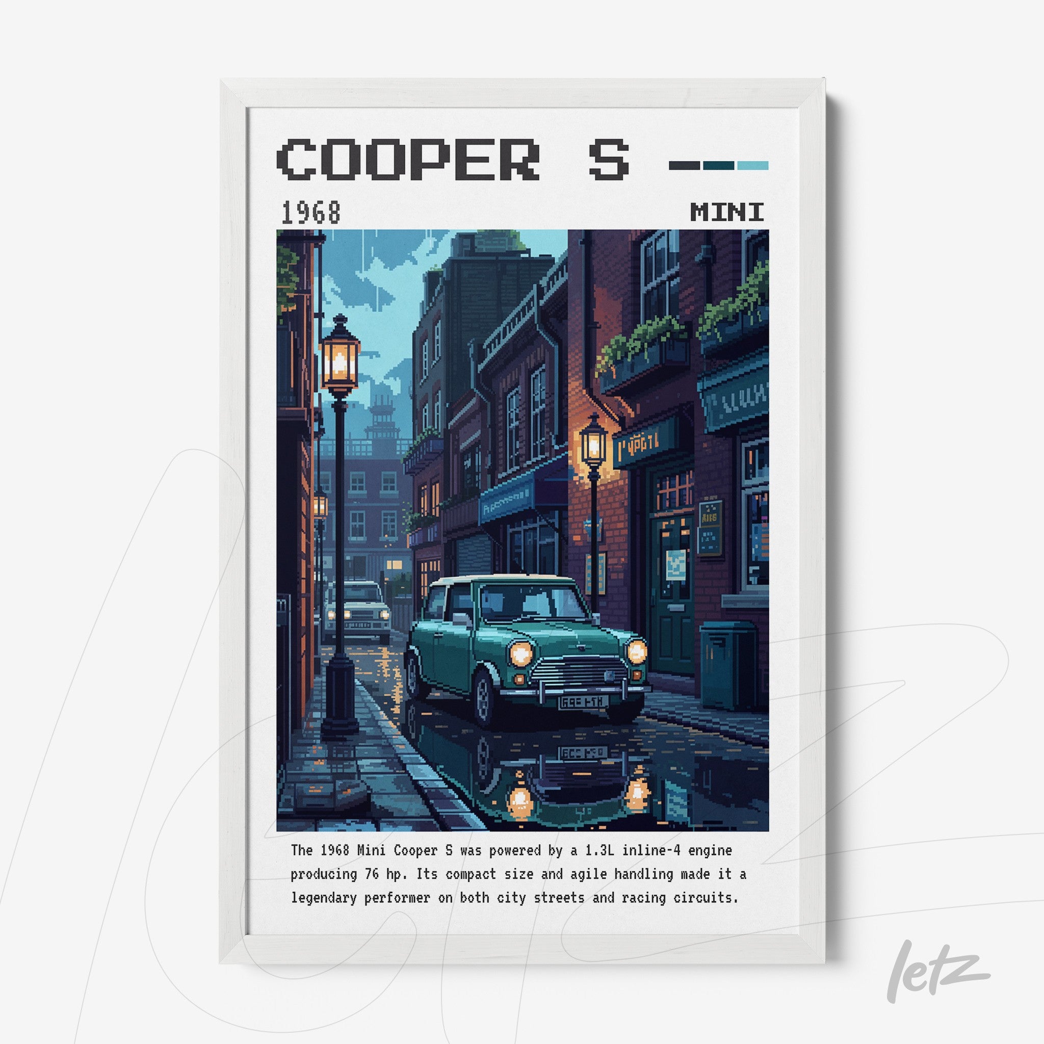 pixel art framed print of a Mini Cooper S parked on a cobblestone street illuminated by street lamps