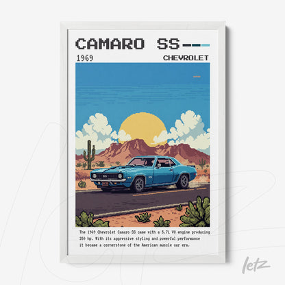 framed pixel art illustration of a 1969 chevrolet camaro ss with palm trees and a rising sun in the background