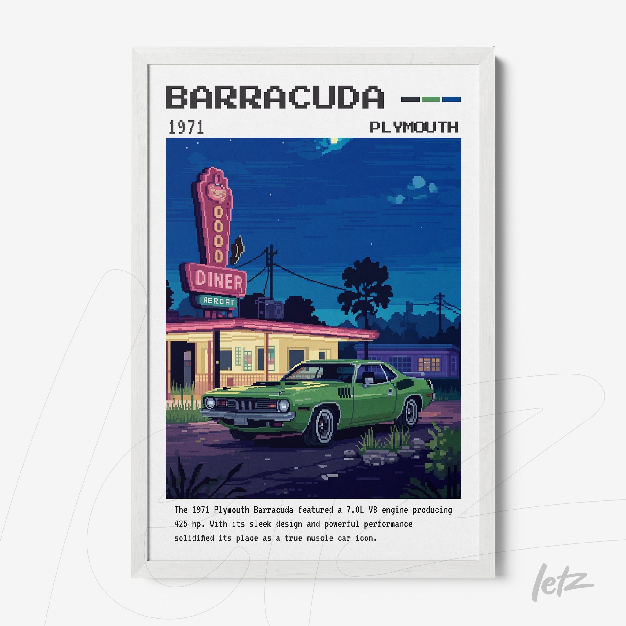 framed digital art of a green plymouth barracuda in front of a neon diner sign