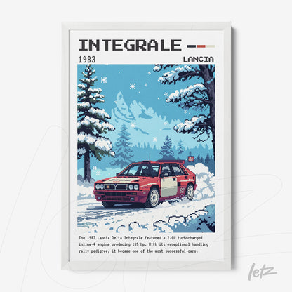 pixel art print of Lancia Delta Integrale car in a winter landscape with snow-covered trees and a light blue background