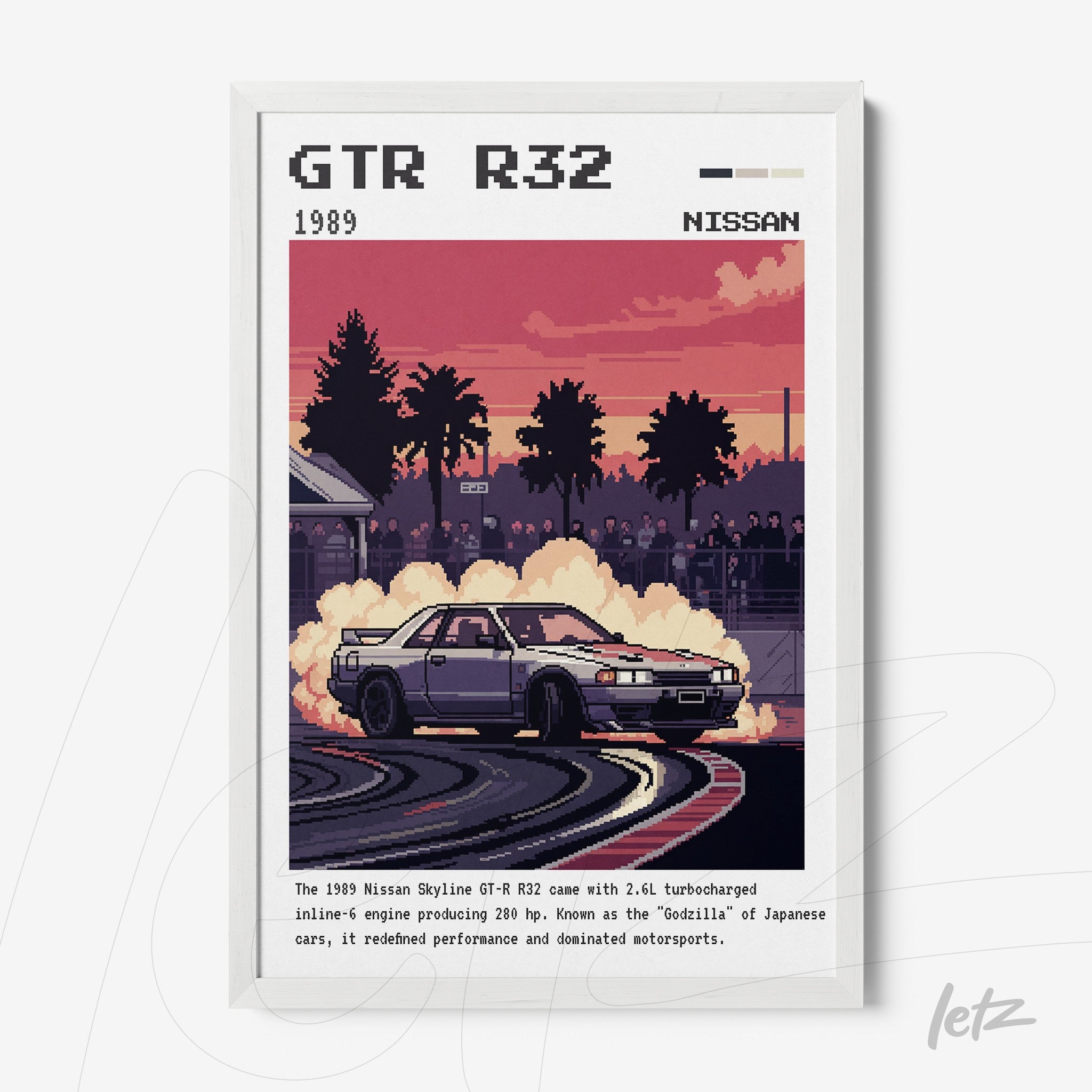 retro style wall art of a sports car drifting, framed in white with background featuring trees and racetrack