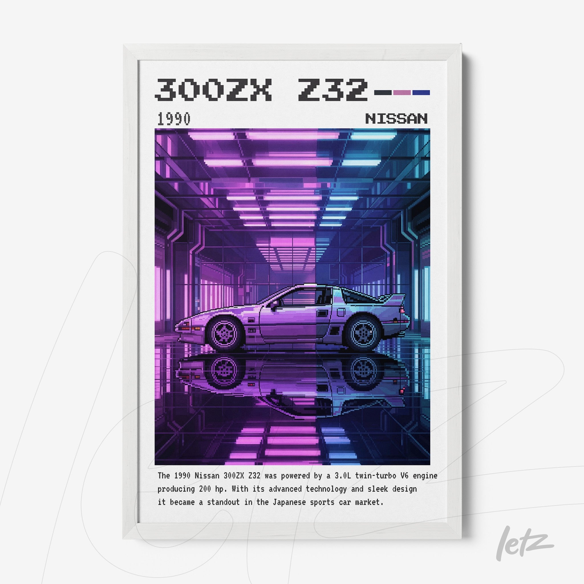 framed digital art of a 1990 Nissan 300ZX Z32 in a futuristic setting with neon lights