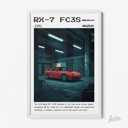 framed digital art of a red Mazda RX-7 FC3S in a workshop setting with white frame