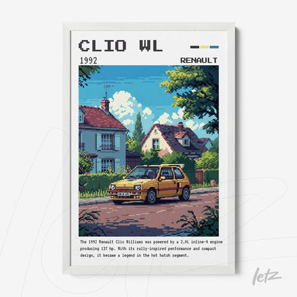 framed pixel art of a yellow Renault Clio Williams parked on a residential street with a white frame and informational text at the bottom