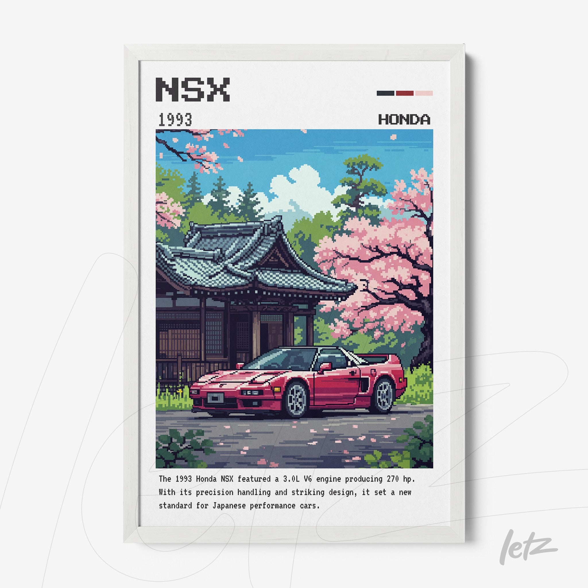 framed pixel art of a red Honda NSX in front of a Japanese temple with cherry blossoms
