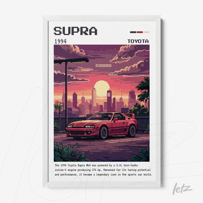 retro style digital artwork featuring a 1994 Toyota Supra in a white frame against a colorful urban sunset background