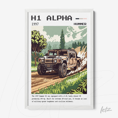 retro style framed artwork of Hummer H1 vehicle with white frame