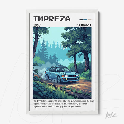 pixel art wall art of 1997 Subaru Impreza in white frame