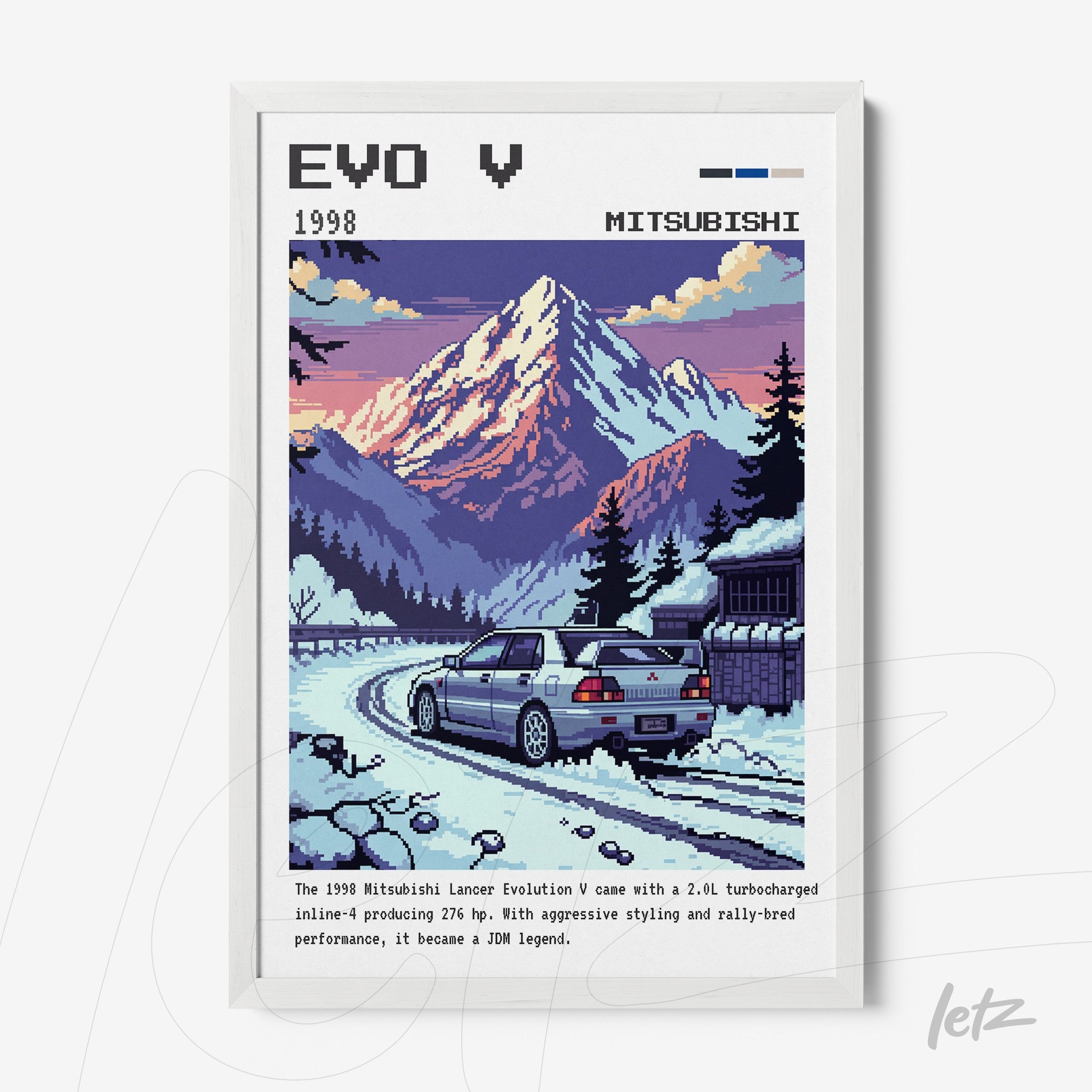 framed pixel art of Mitsubishi Lancer Evolution V with white frame and mountainous background