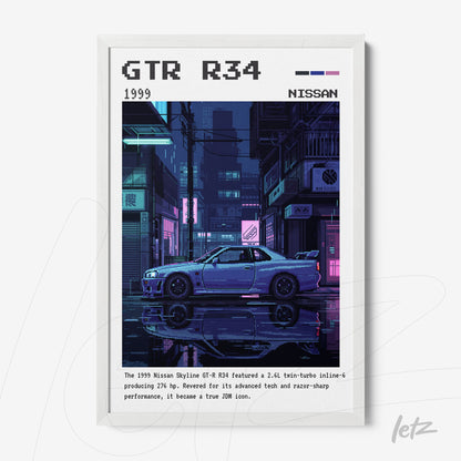 framed digital art of the Nissan Skyline GTR R34 in a cyberpunk urban night scene with white frame