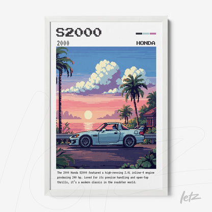framed pixel art of the Honda S2000 car against a sunset beach scene with palm trees