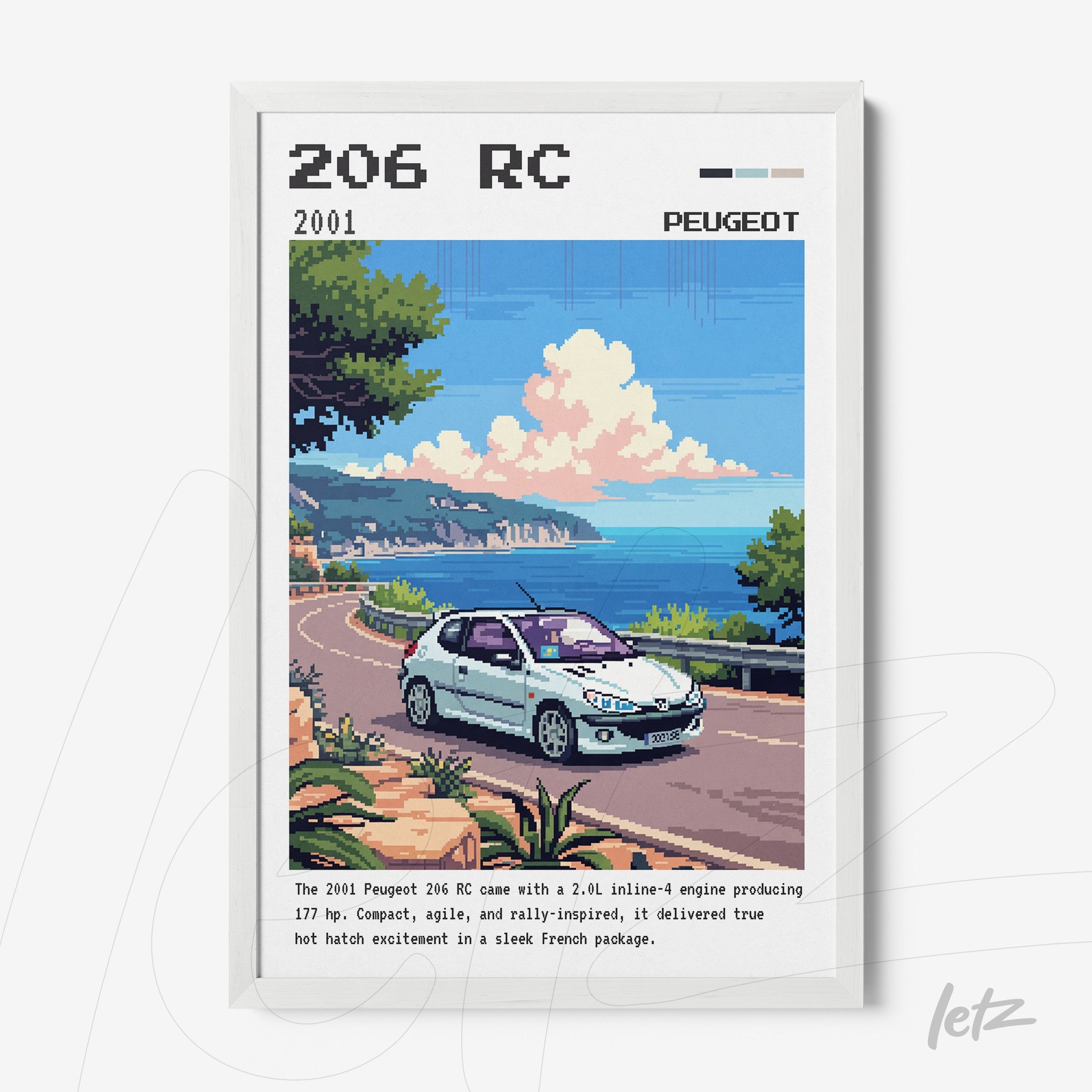 framed digital art of a peugeot 206 rc car on a coastal road with mountains and blue sky