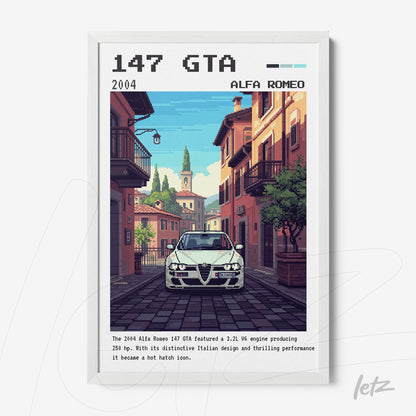 retro digital art of Alfa Romeo 147 GTA car on an Italian street with white frame