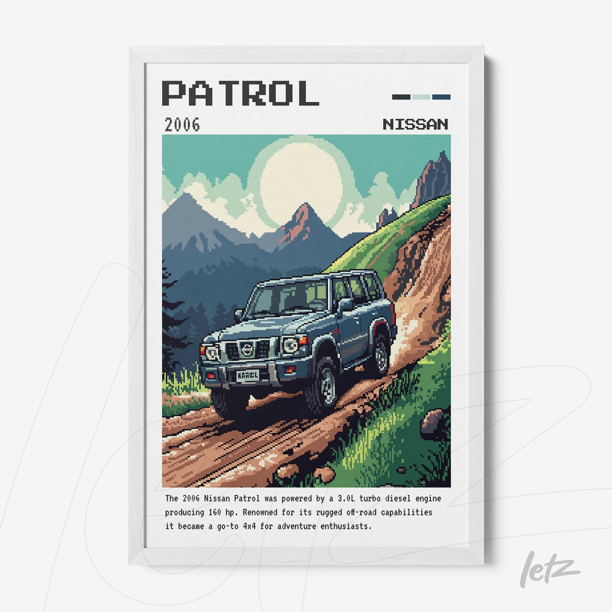 pixel art of a 2006 Nissan Patrol on a mountain road framed in white