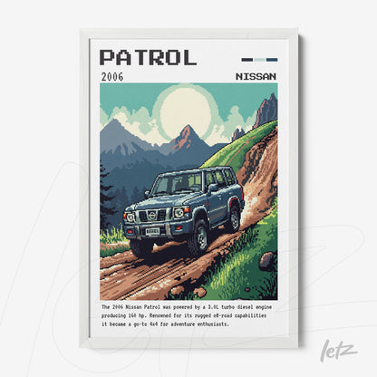 pixel art of a 2006 Nissan Patrol on a mountain road framed in white