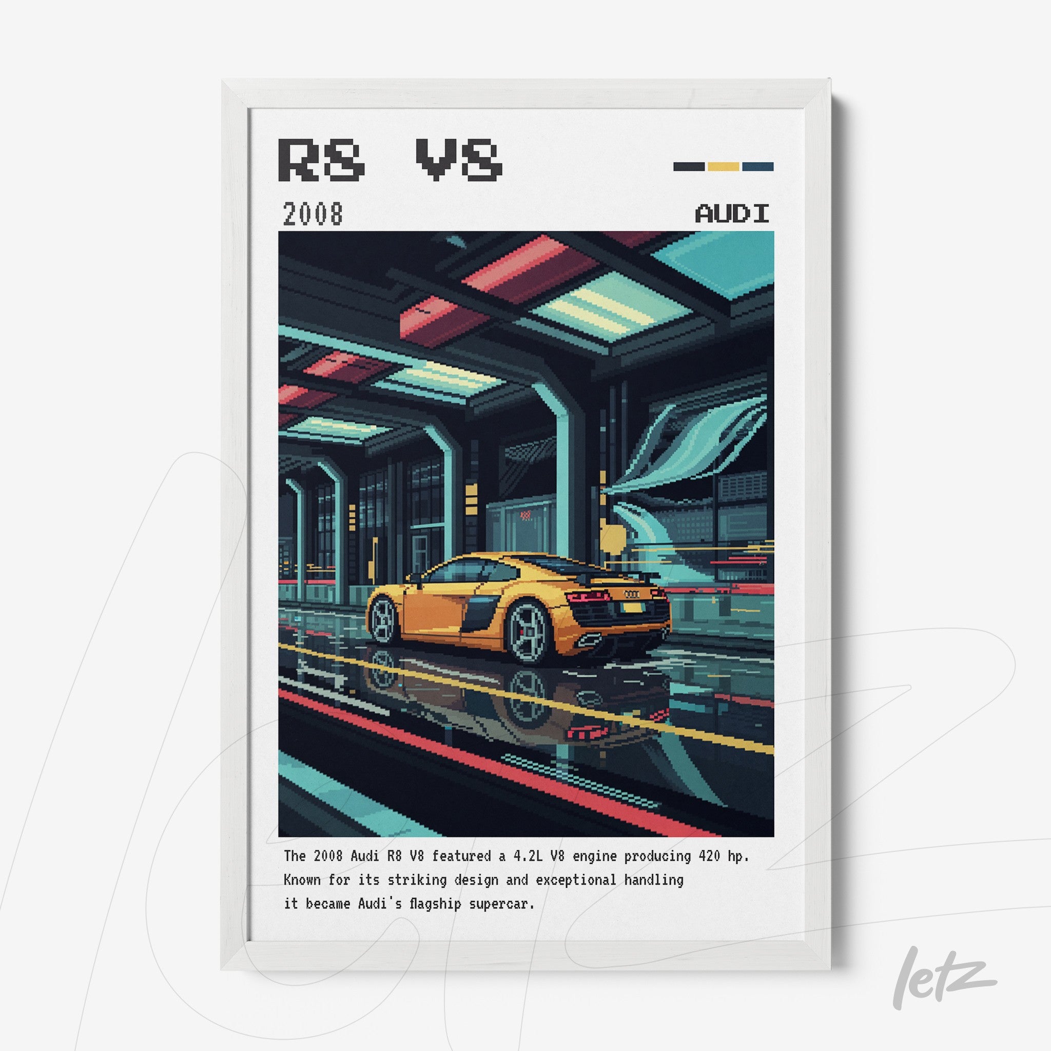 framed digital art of Audi R8 sports car with white frame, featuring a futuristic garage background and pixel art details