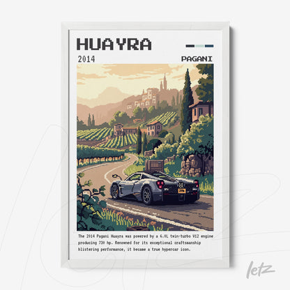 framed pixel art of a Pagani Huayra car on a rural road surrounded by vineyards