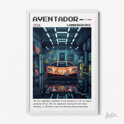 digital art print of a lamborghini aventador in a retro workshop setting featuring bold colors