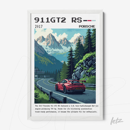 framed digital art of a red porsche 911 gt2 rs on a mountain road with green mountains and blue sky in the background