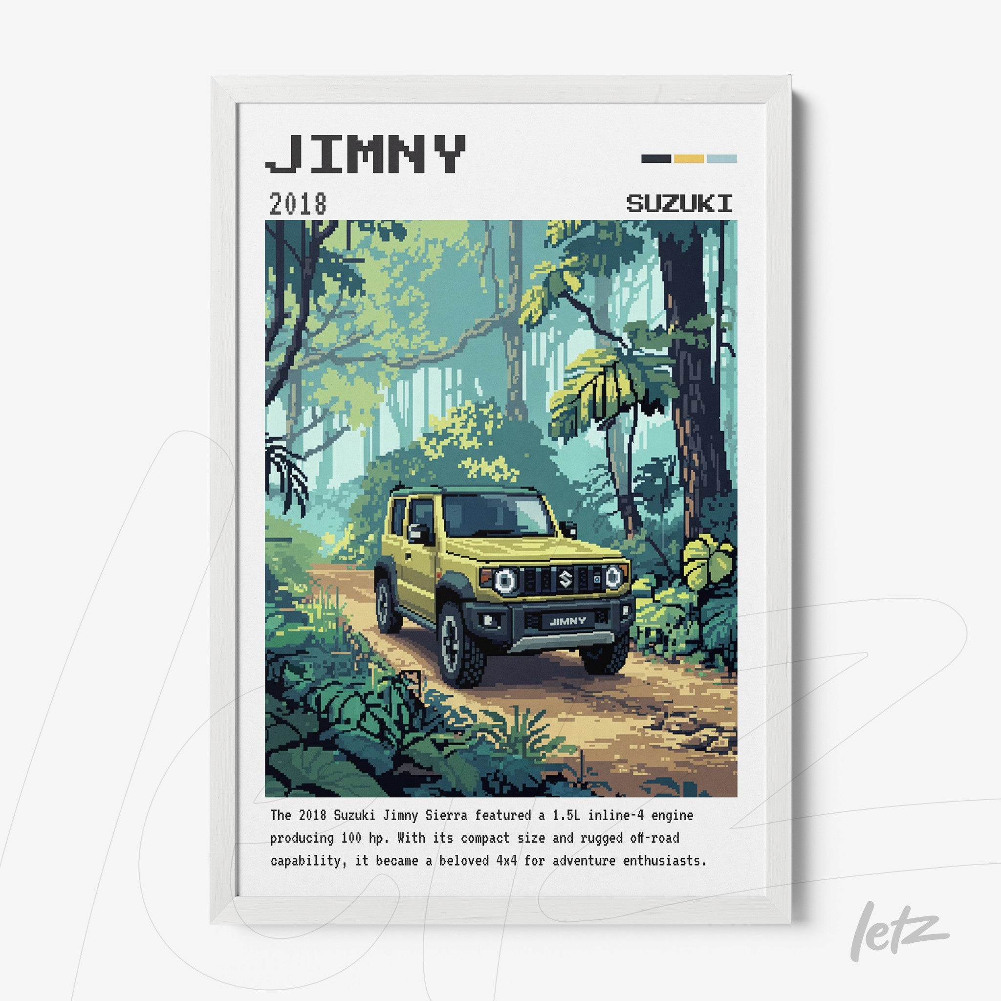pixel art print of a yellow Suzuki Jimny car amidst a tropical forest with a white frame