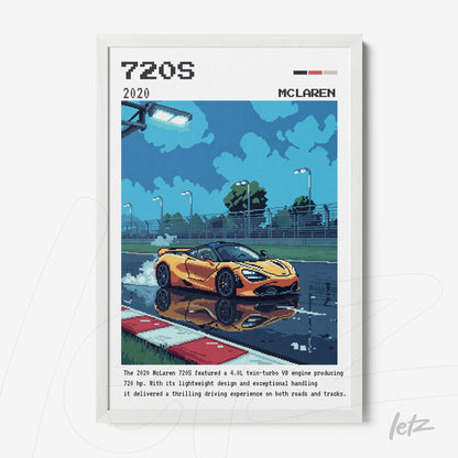 framed pixel art of McLaren 720S on wet track reflecting the car's image