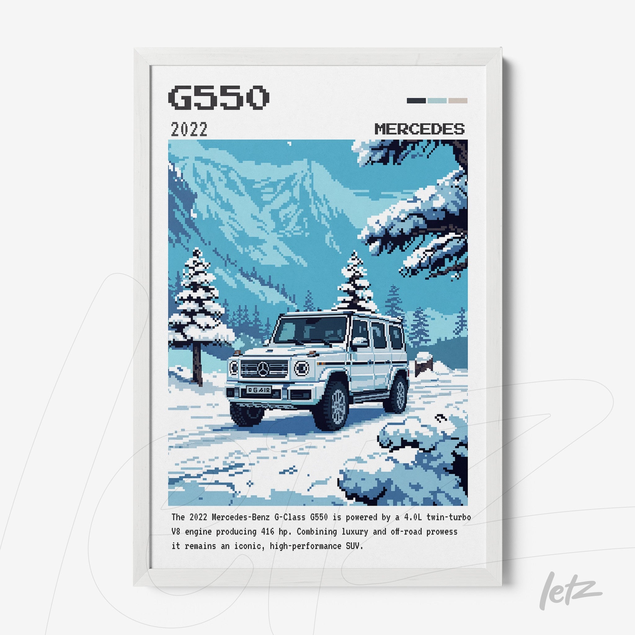 pixel art framed illustration of the Mercedes G550 in a snowy mountain landscape with trees and a blue sky