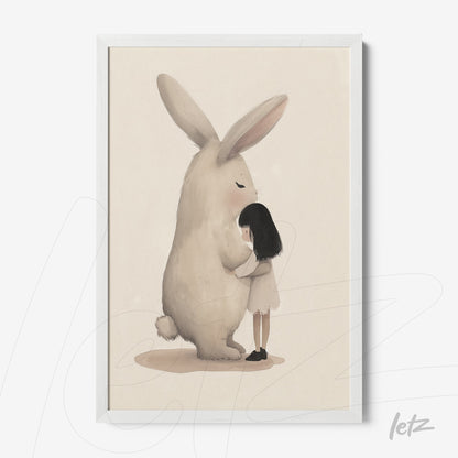 framed artwork featuring a delicate illustration of a girl hugging a large rabbit with a white frame