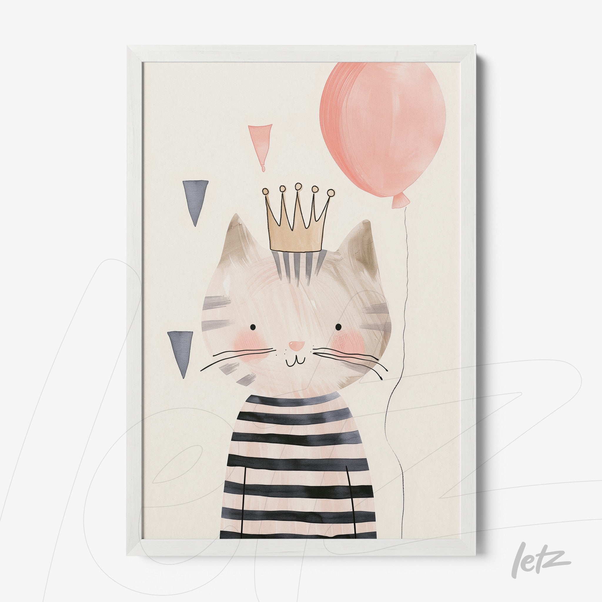 framed artwork featuring a striped cat wearing a crown, holding a balloon against a light background
