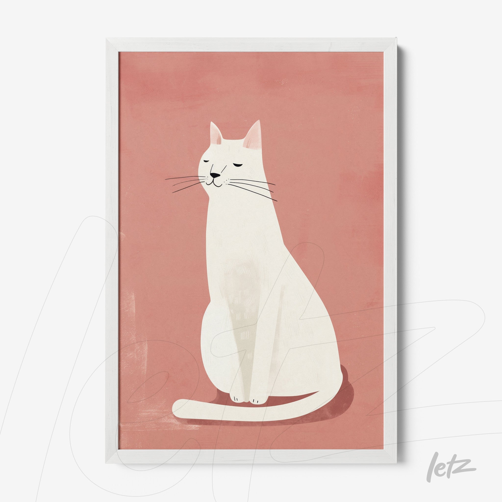 framed art featuring a white cat illustration on pink background with white frame