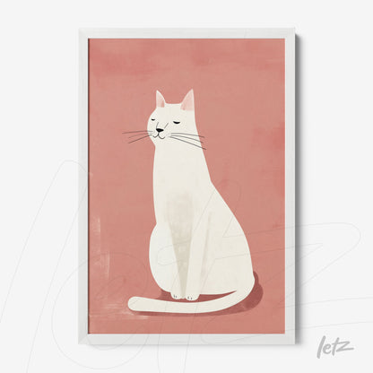 framed art featuring a white cat illustration on pink background with white frame