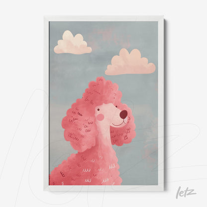 framed artwork of a pink poodle against a blue sky with light clouds in a white frame