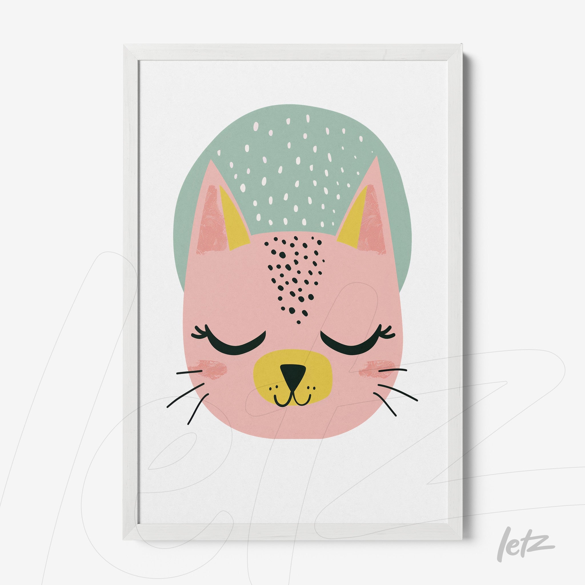 framed artwork featuring a soft-faced pink cat illustration with a light green background