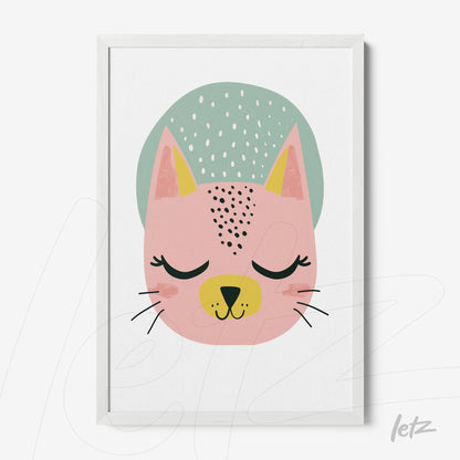 framed artwork featuring a soft-faced pink cat illustration with a light green background