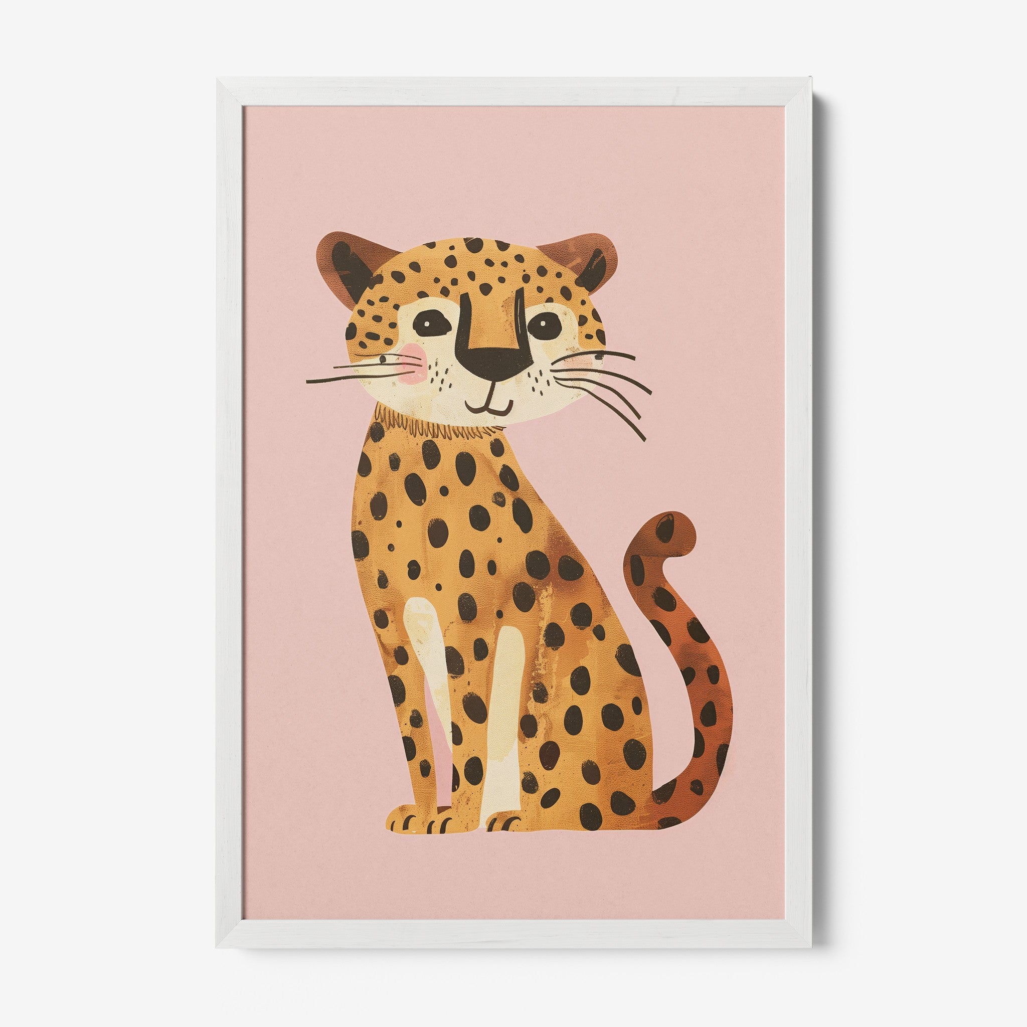framed artwork featuring a cheerful leopard illustration on pink background with white frame